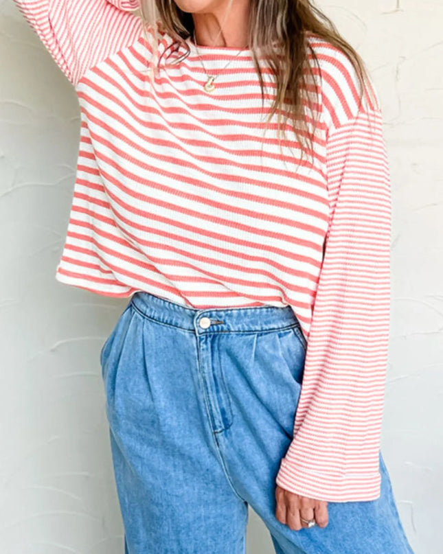 Striped Long Sleeve Ribbed Blouse