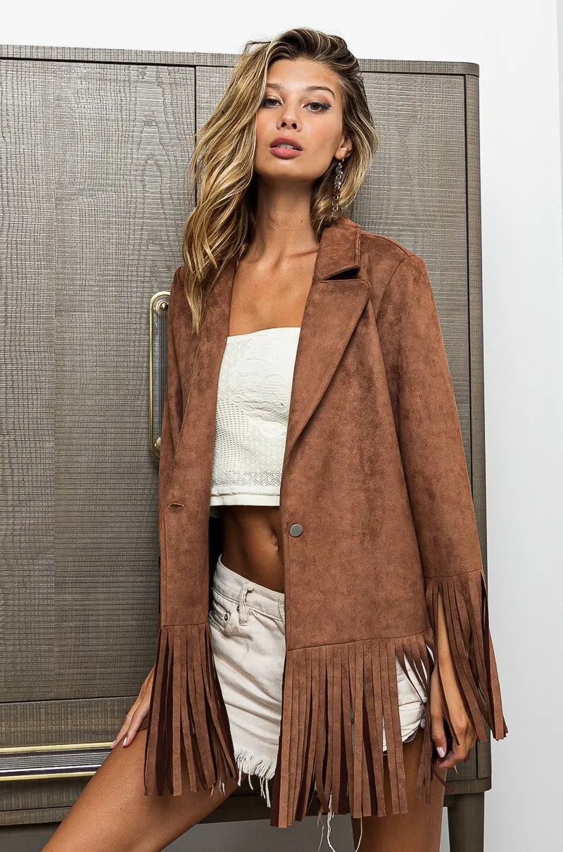 BiBi Suede Single Blazer with Fringed Hem