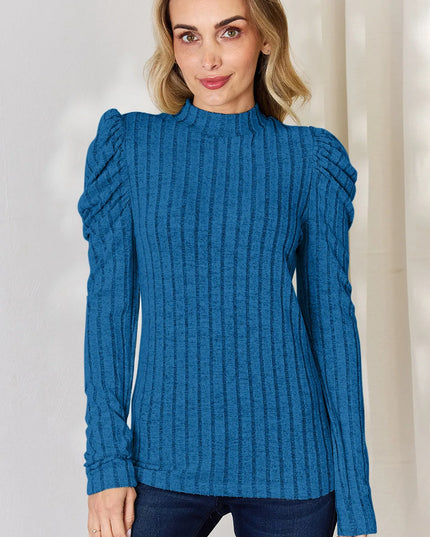 Basic Bae Full Size Ribbed Mock Neck Puff Sleeve T-Shirt Sky Blue