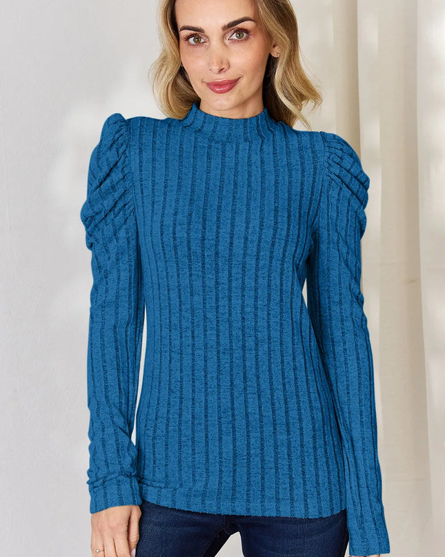 Basic Bae Full Size Ribbed Mock Neck Puff Sleeve T-Shirt Sky Blue