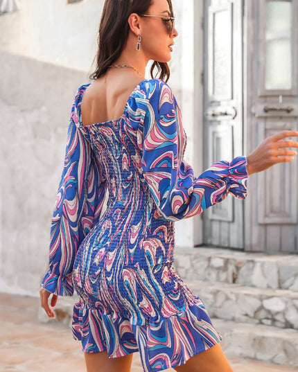 Abstract Print Square Neck Smocked Dress