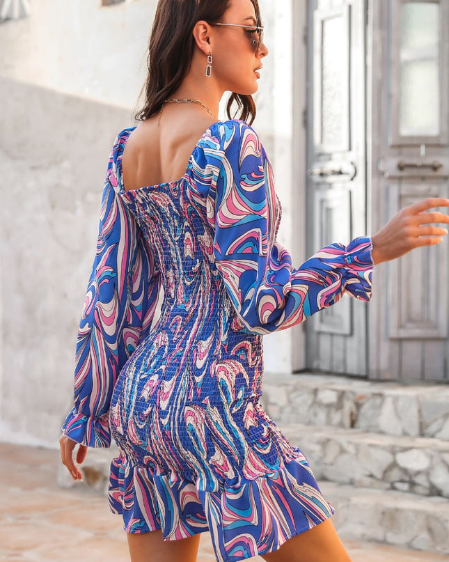Abstract Print Square Neck Smocked Dress