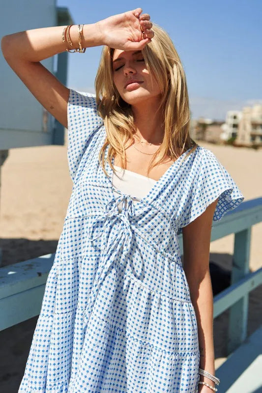 Davi & Dani Jacquard V-Neck Flutter Cap Sleeve Tiered Dress Azure