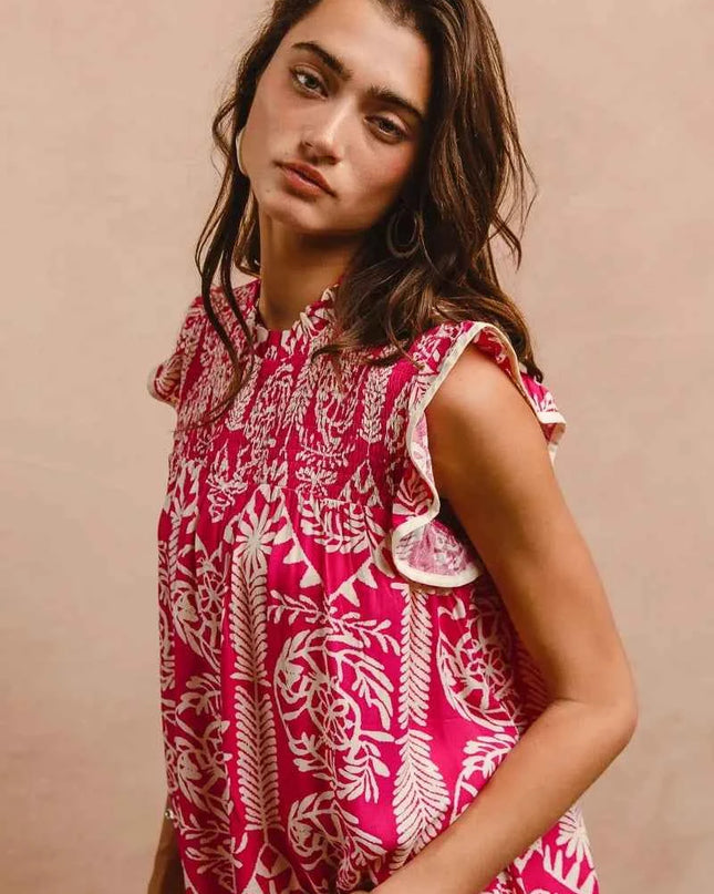 BiBi Printed Ruffle Sleeve Top