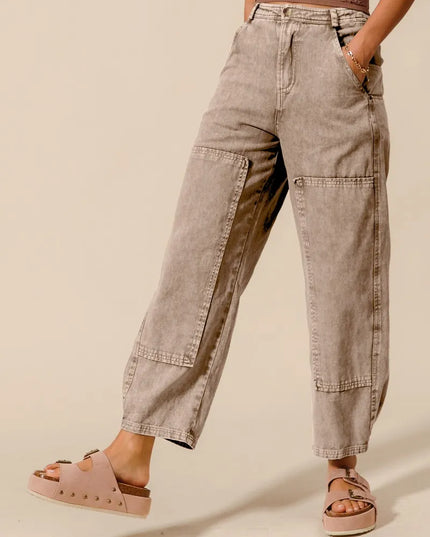 SO ME Mineral Washed Mid Rise Barrel Shape Pants TAUPE