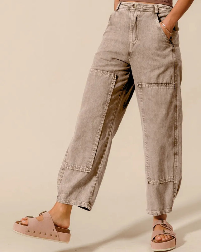 SO ME Mineral Washed Mid Rise Barrel Shape Pants TAUPE
