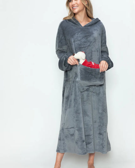 Double Take Full Size Pocketed Hooded Midi Lounge Dress Dark Gray