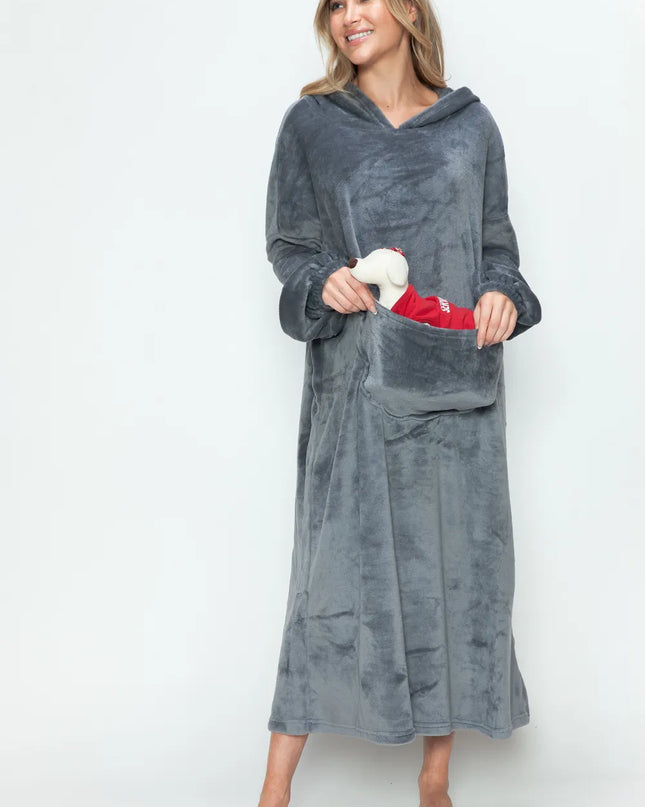 Double Take Full Size Pocketed Hooded Midi Lounge Dress Dark Gray