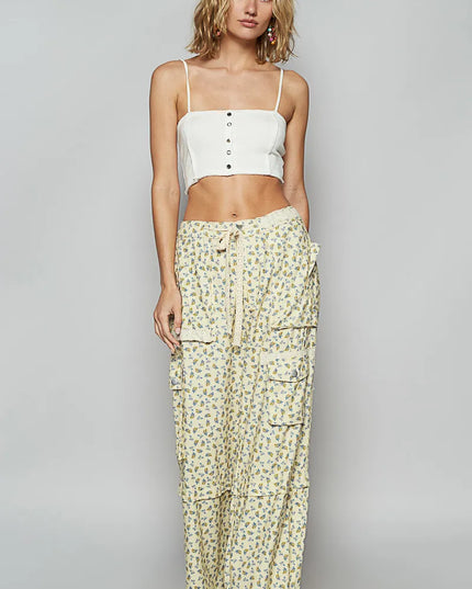 POL Floral Cargo Wide Leg Pants with Lace Drawstring