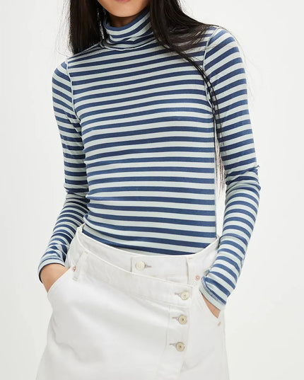 Exposed Seam Striped Turtleneck Long Sleeve T-Shirt Blue white