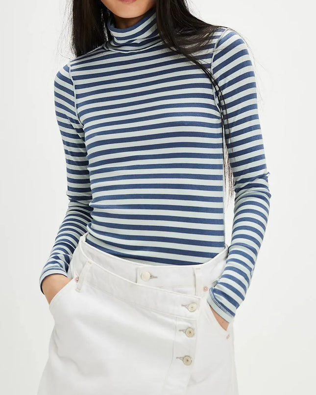 Exposed Seam Striped Turtleneck Long Sleeve T-Shirt Blue white