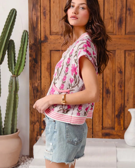 SO ME Button Front Floral and Stripe Knitted Sweater Vest
