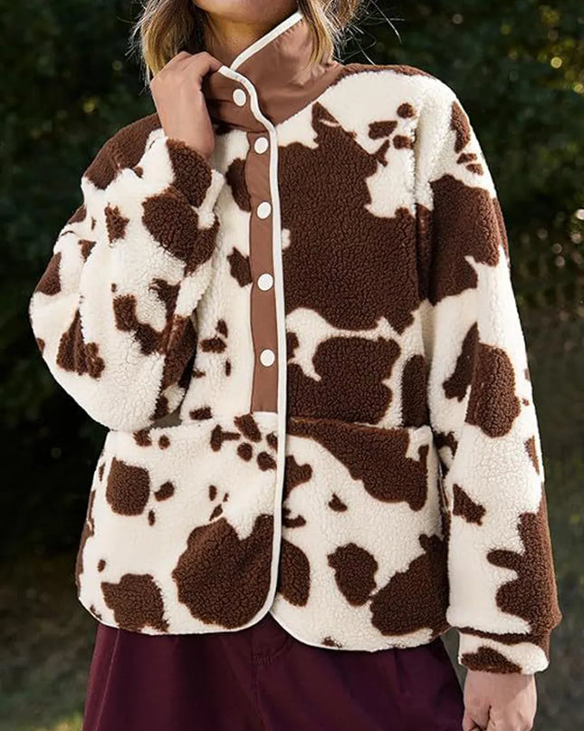 Pocketed Half Snap Sherpa Jacket Cow Print