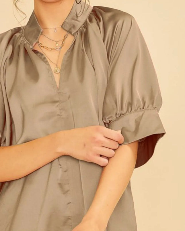 Annie Wear Satin V Neck Open Short Sleeve Woven Blouse Top