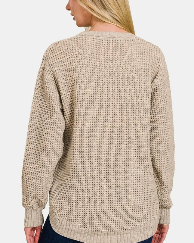 Zenana High Low Long Sleeve Waffle Sweater