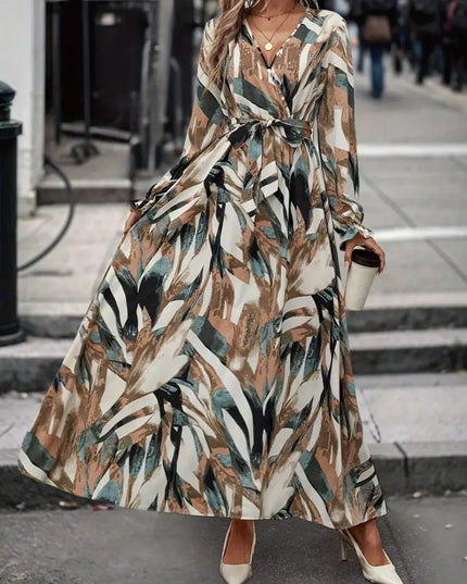 Printed Surplice Long Sleeve Maxi Dress