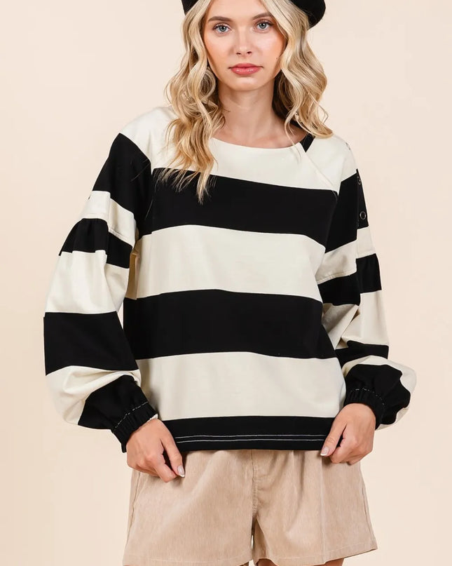 Mittoshop Striped Snap Shoulder Long Sleeve T-Shirt Black Ivory