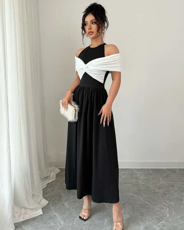 Twisted Contrast Cold Shoulder Midi Dress 