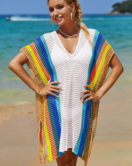 Angel Wings Openwork Striped Slit Knit Cover Up White One Size