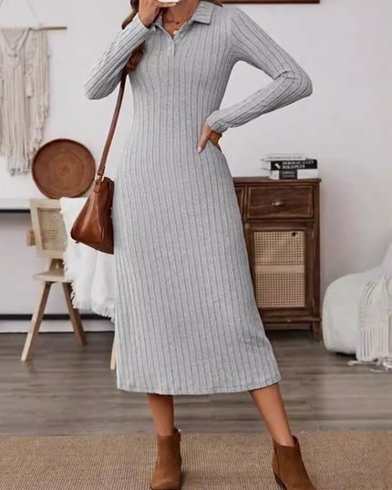 Collared Neck Long Sleeve Midi Dress