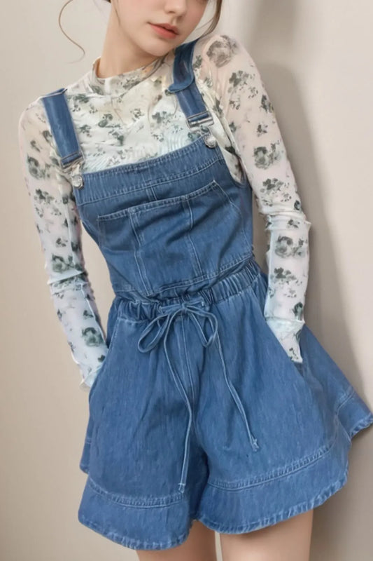 Wide Strap Square Neck Denim Overalls 