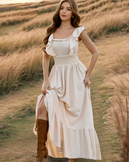 Ruffled Smocked Square Neck Maxi Dress