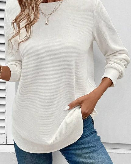 Rounded Neck Waffle Long Sleeve Top White