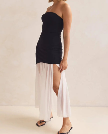 Layered Slit Tube Maxi Dress Black And White Splicing