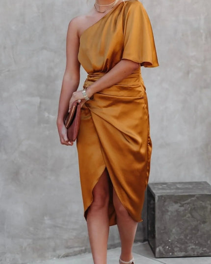 One-Shoulder Satin Wrap Dress with Side Slit