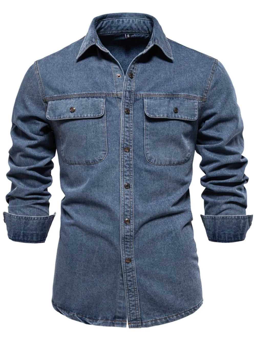 Men's Collared Neck Denim Shirt with Chest Pockets Navy