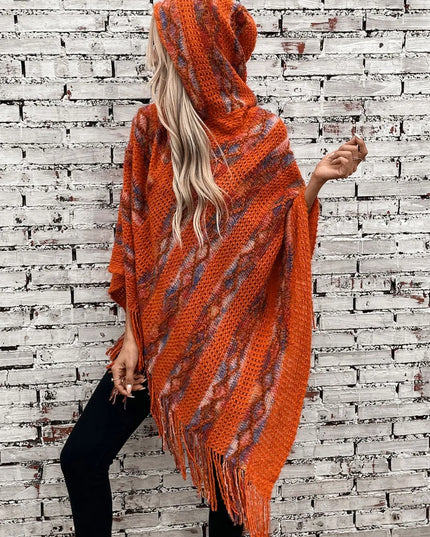 Fringe Contrast Hooded Poncho