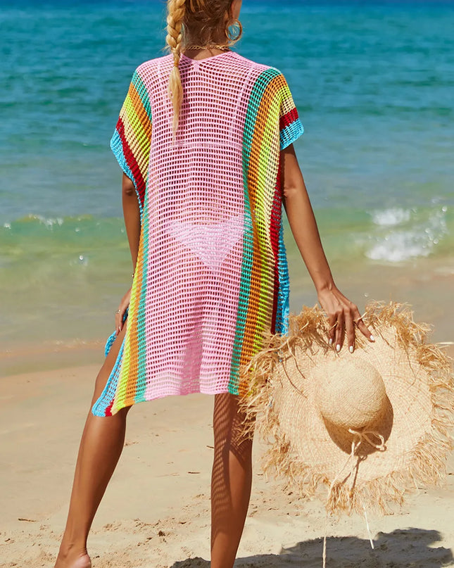 Angel Wings Openwork Striped Slit Knit Cover Up