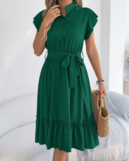 Tie Waist Ruffled Cap Sleeve Dress