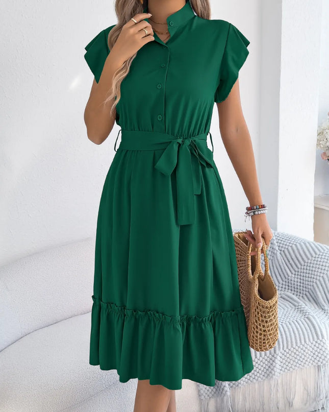 Tie Waist Ruffled Cap Sleeve Dress