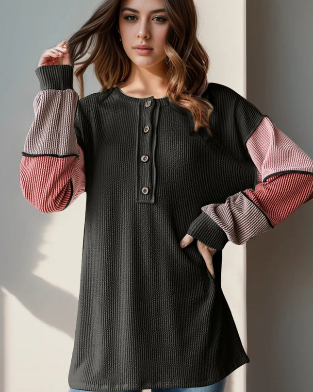 Double Take Full Size Color Block Round Neck Long Sleeve T-Shirt