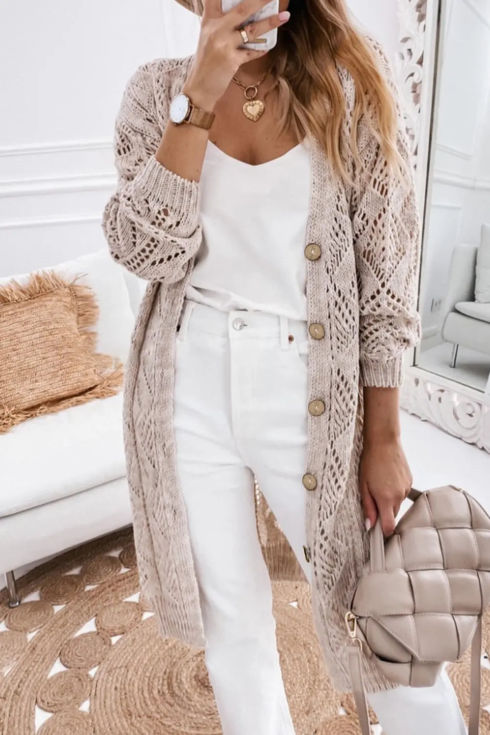 V-Neck Long Sleeve Cardigan Tan