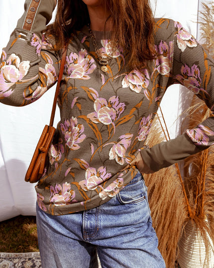 Floral Print Waffle Textured Long Sleeve Top