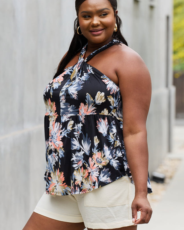 Be Stage Full Size Floral Halter Top in Black