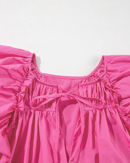 Shirred Tie Neck Ruffled Cap Sleeve Blouse