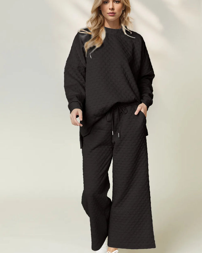 Double Take Checkered Slit High-Low Round Neck Top and Wide Leg Pants Set Black