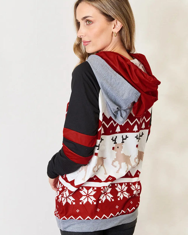 Double Take Full Size Christmas Drawstring Long Sleeve Hoodie