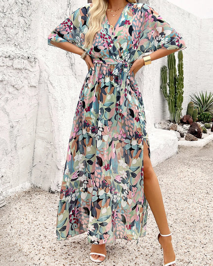 Slit Printed Surplice Half Sleeve Maxi Dress