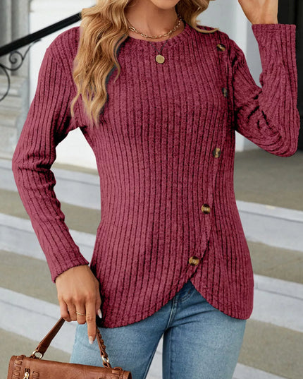 Ribbed Knit Decor Button T-Shirt