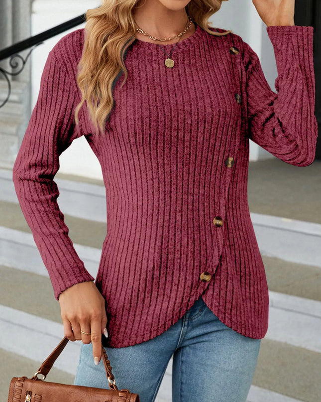 Ribbed Knit Decor Button T-Shirt