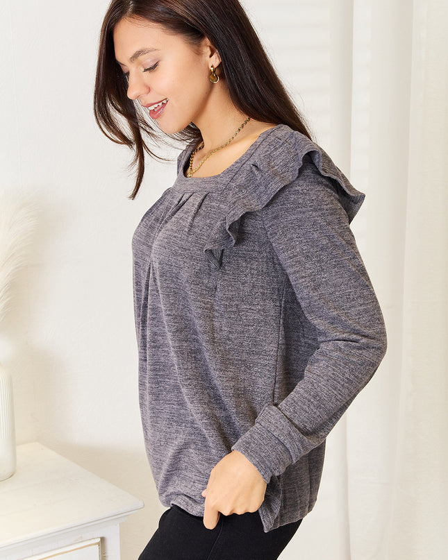 Double Take Square Neck Ruffle Shoulder Long Sleeve T-Shirt