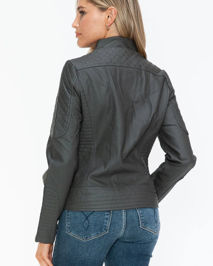 Snobbish Faux Leather Zip Up Mock Neck Jacket