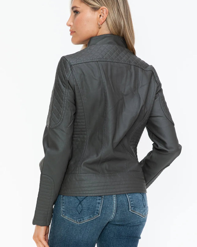 Snobbish Faux Leather Zip Up Mock Neck Jacket