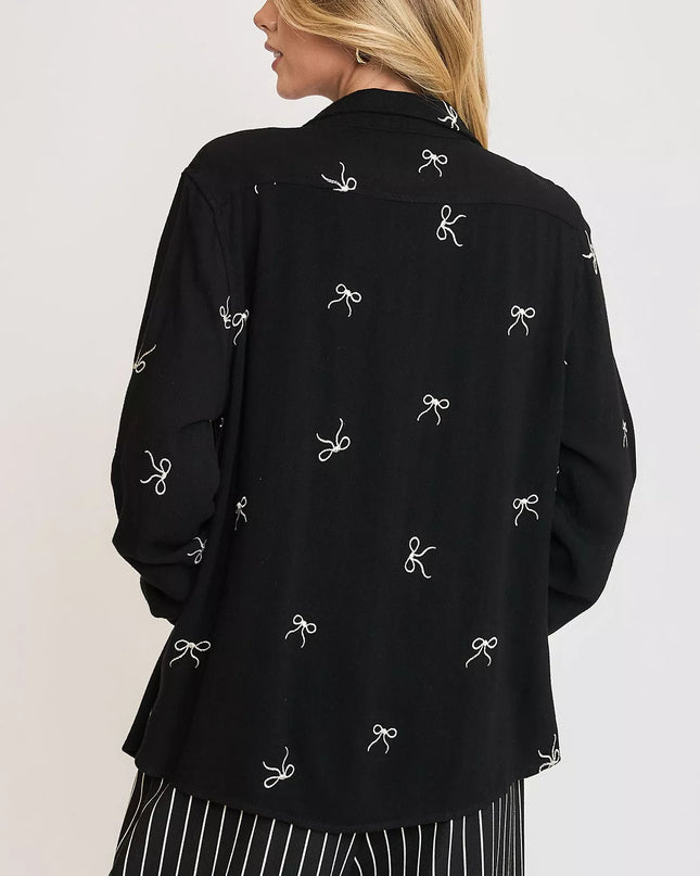 Umgee Linen Blend Fitted Shirt with Ribbon Embroidery Details