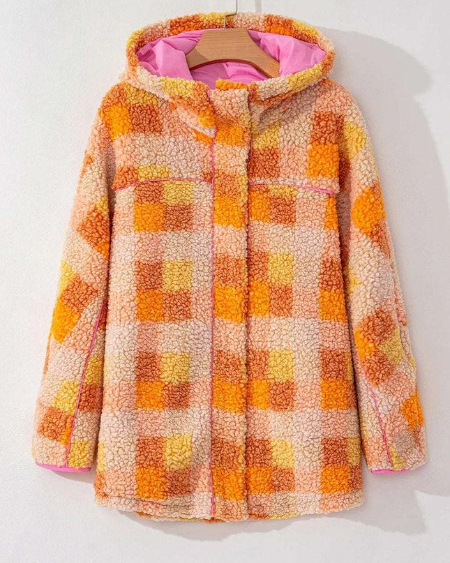 Checkered Long Sleeve Sherpa Hooded Jacket