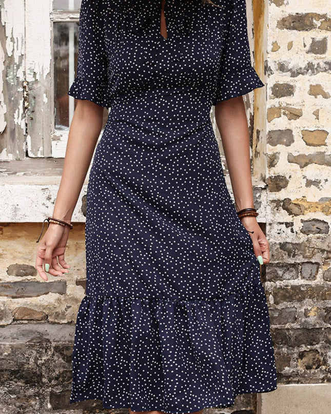 Perfee Polka Dot Tie Front Ruffled Midi Dress